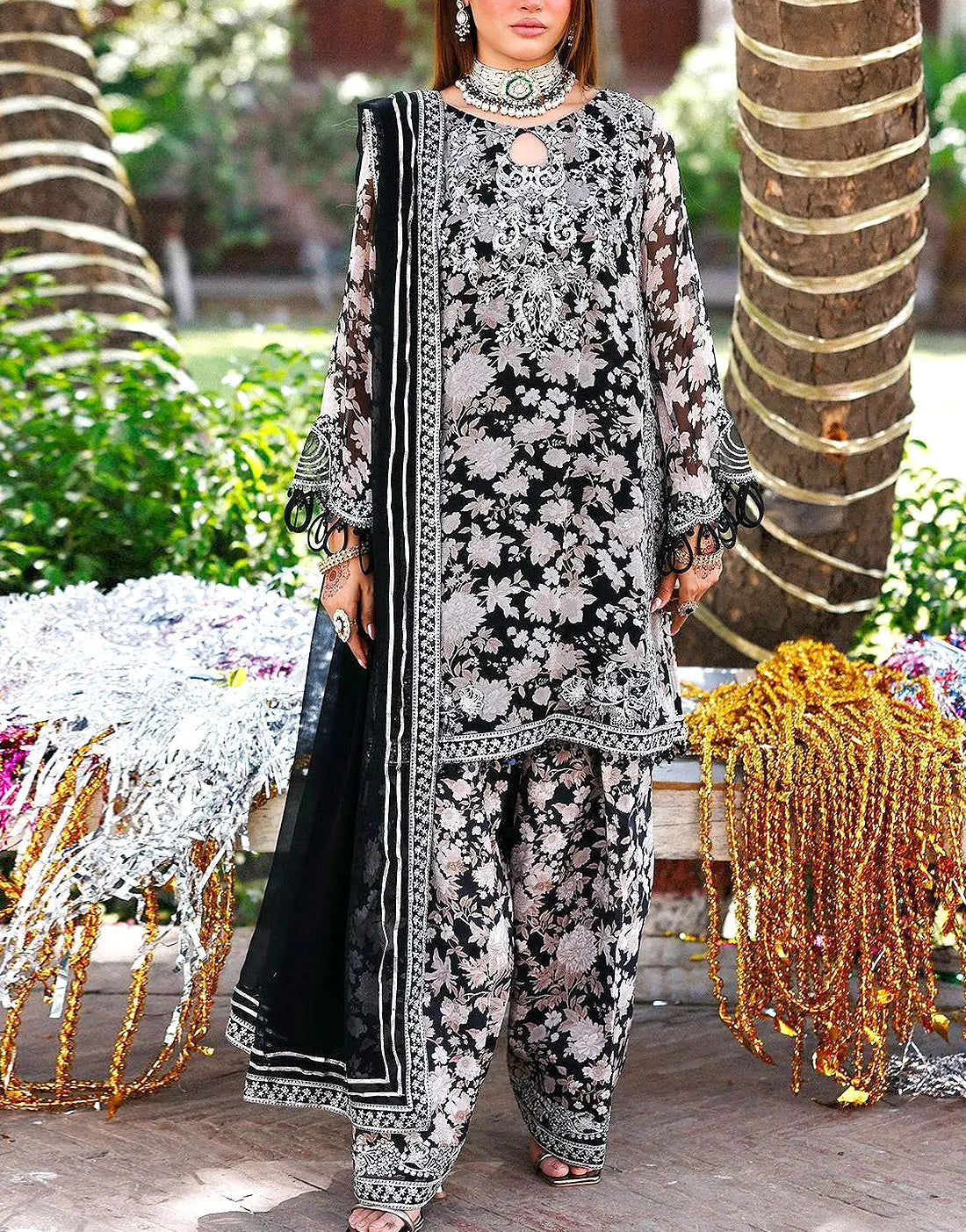 Fancy All-Over Flower Print Embroidered Chiffon Party Dress with Lawn Trouser