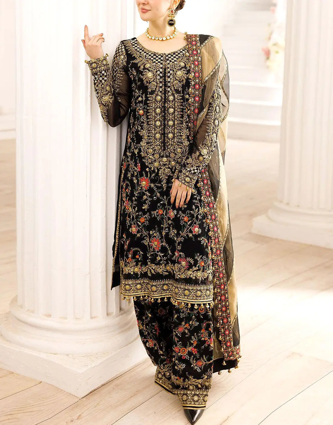 Glamorous Heavy Embroidered Black Chiffon Party Wear Dress with Emb. Organza Dupatta