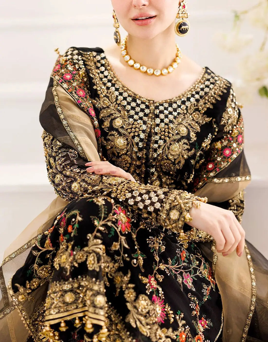 Glamorous Heavy Embroidered Black Chiffon Party Wear Dress with Emb. Organza Dupatta