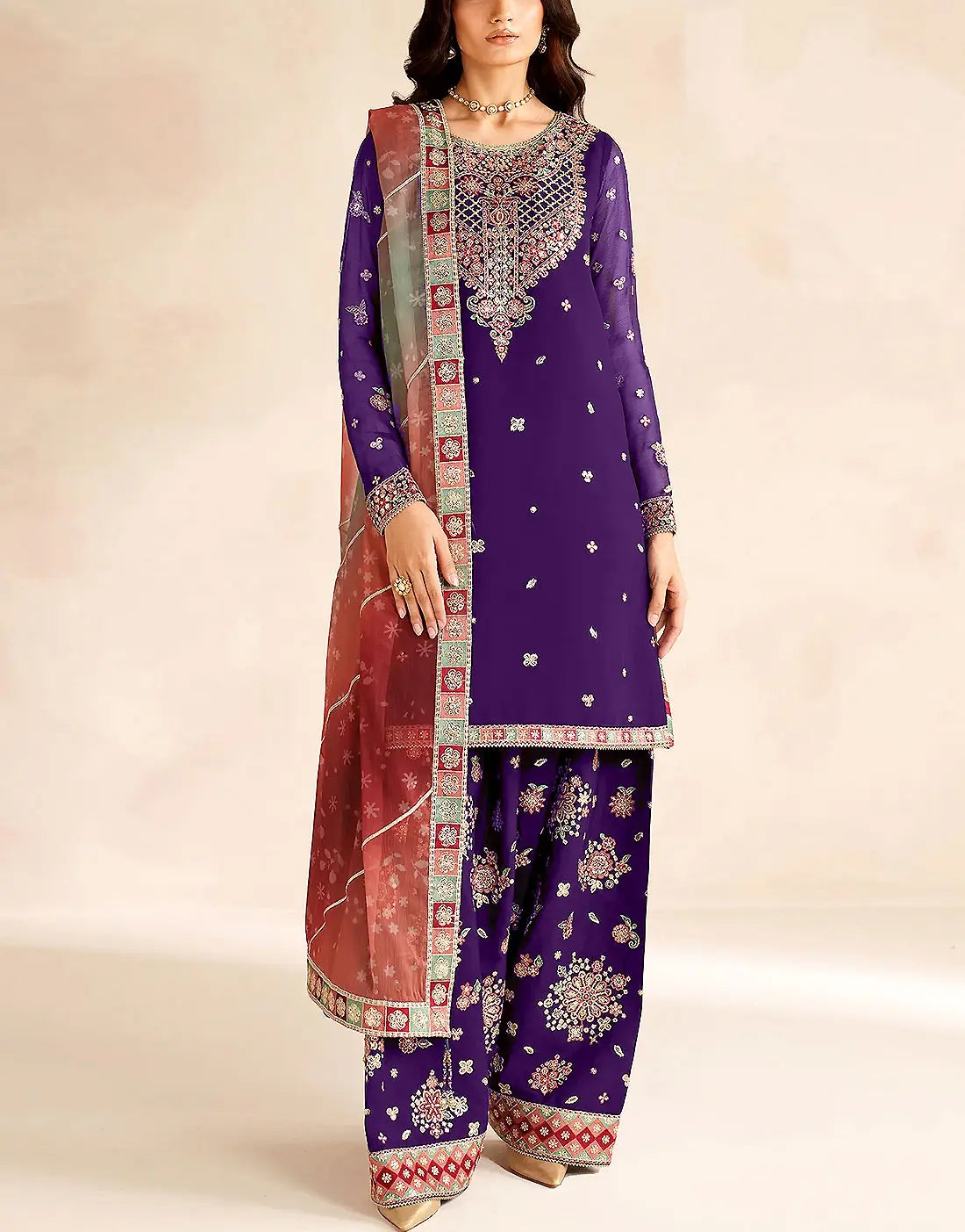 Heavy Embroidered Purple Formal Chiffon Dress with Emb. Silk Trouser