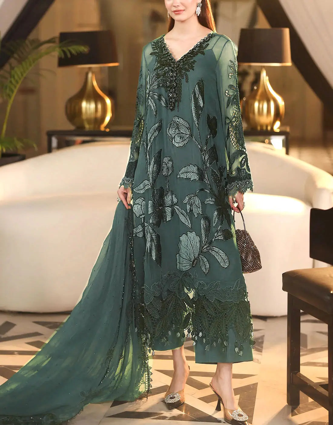 Trendy Embroidered Chiffon Party Wear Dress Design 2026 with Silk Trouser