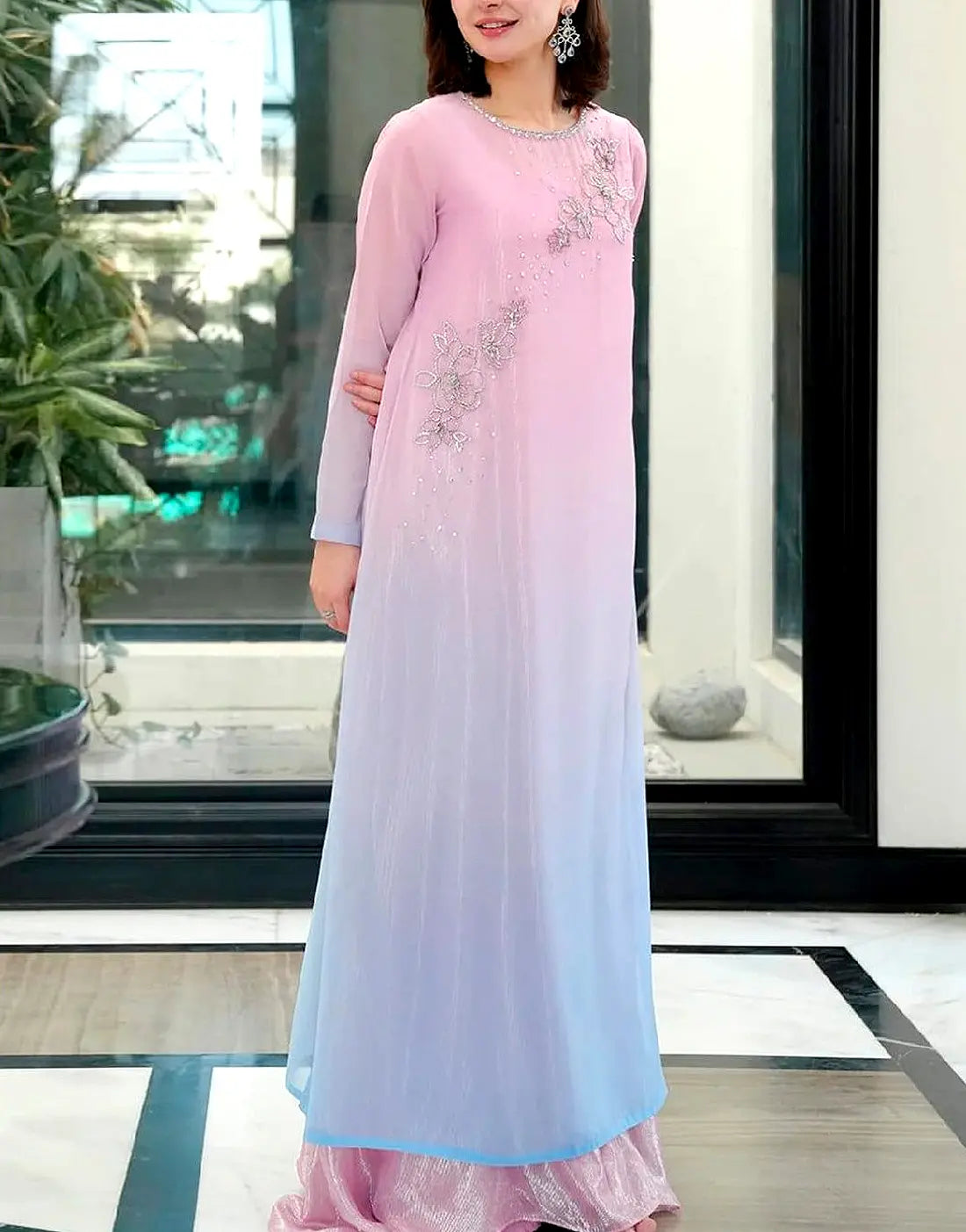 Stylish Embroidered Ombre Bloom Chiffon Dress with Inner