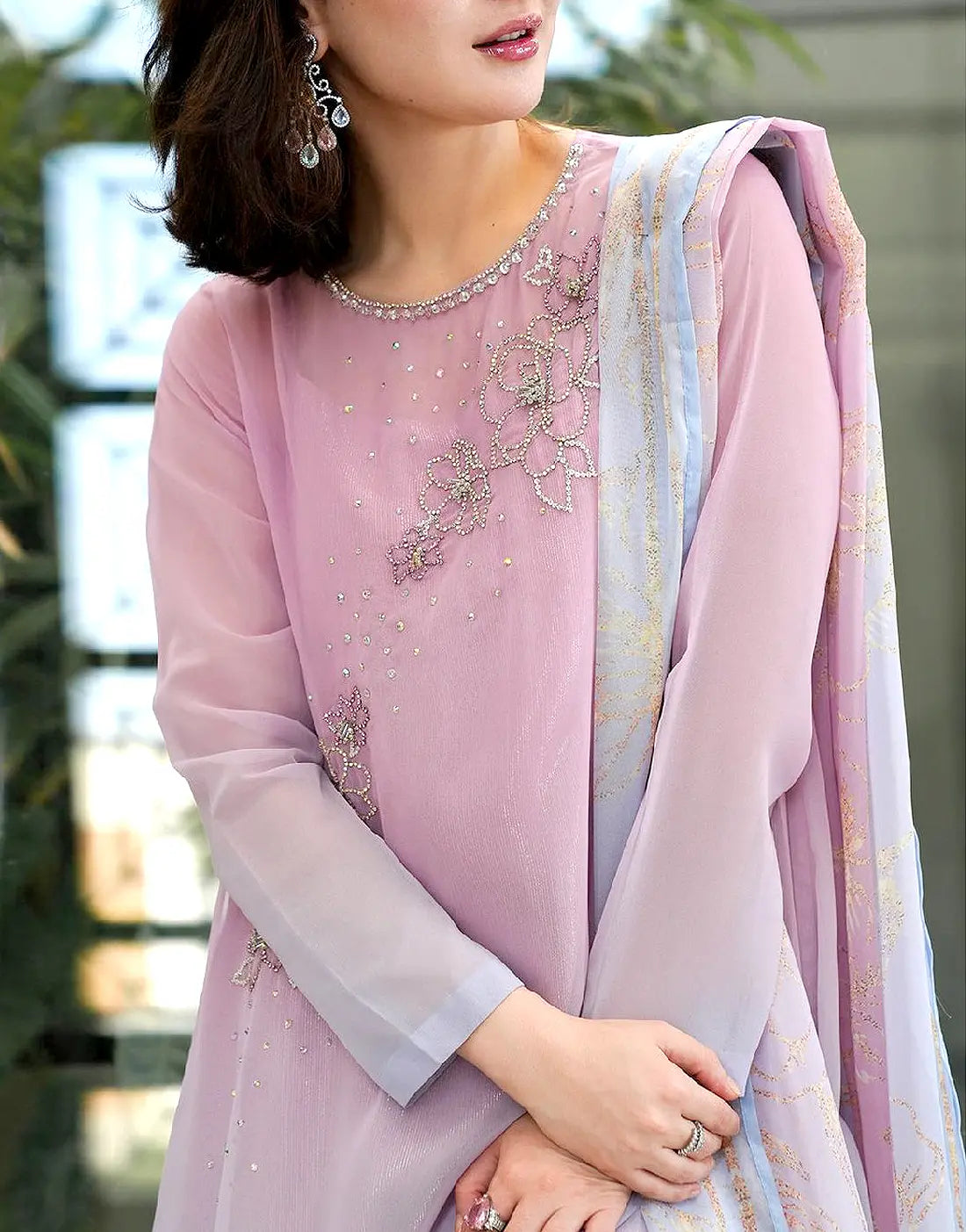 Stylish Embroidered Ombre Bloom Chiffon Dress with Inner
