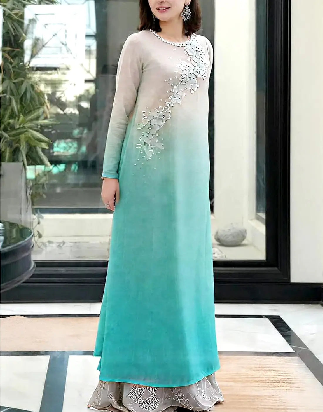 Stylish Embroidered Ombre Style Chiffon Dress with Inner