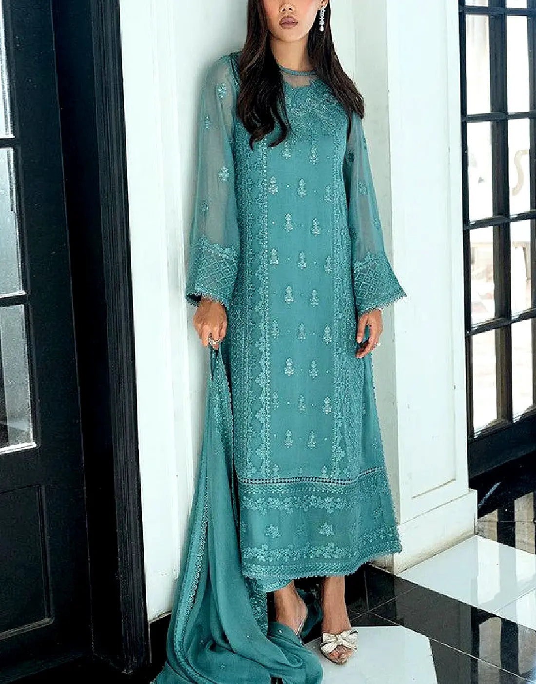 Graceful Heavy Embroidered Teal Glam Chiffon Dress for Formal & Party Wear