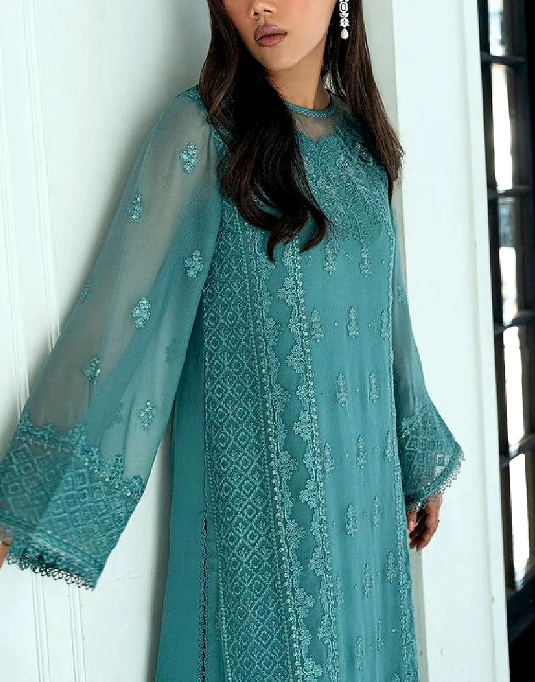 Graceful Heavy Embroidered Teal Glam Chiffon Dress for Formal & Party Wear
