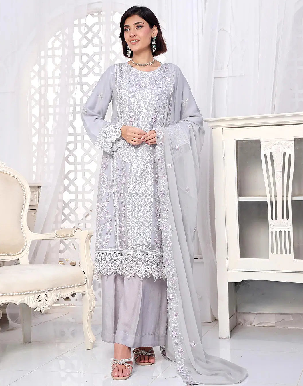 Naina Semi-Stitched Silver Grey Embroidered Chiffon Dress for Weddings and Parties