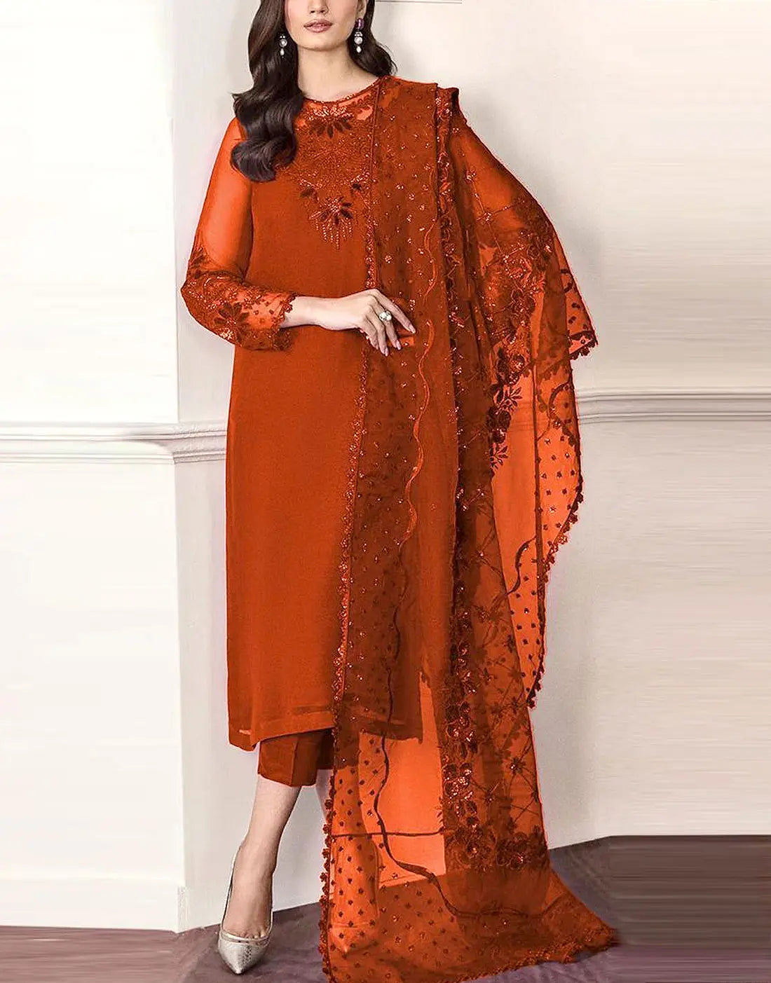 Stunning Embroidered Chiffon Wedding Wear Dress - Orange Color
