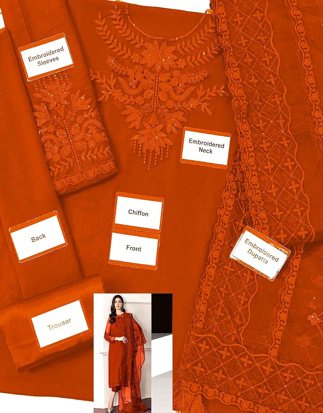 Stunning Embroidered Chiffon Wedding Wear Dress - Orange Color