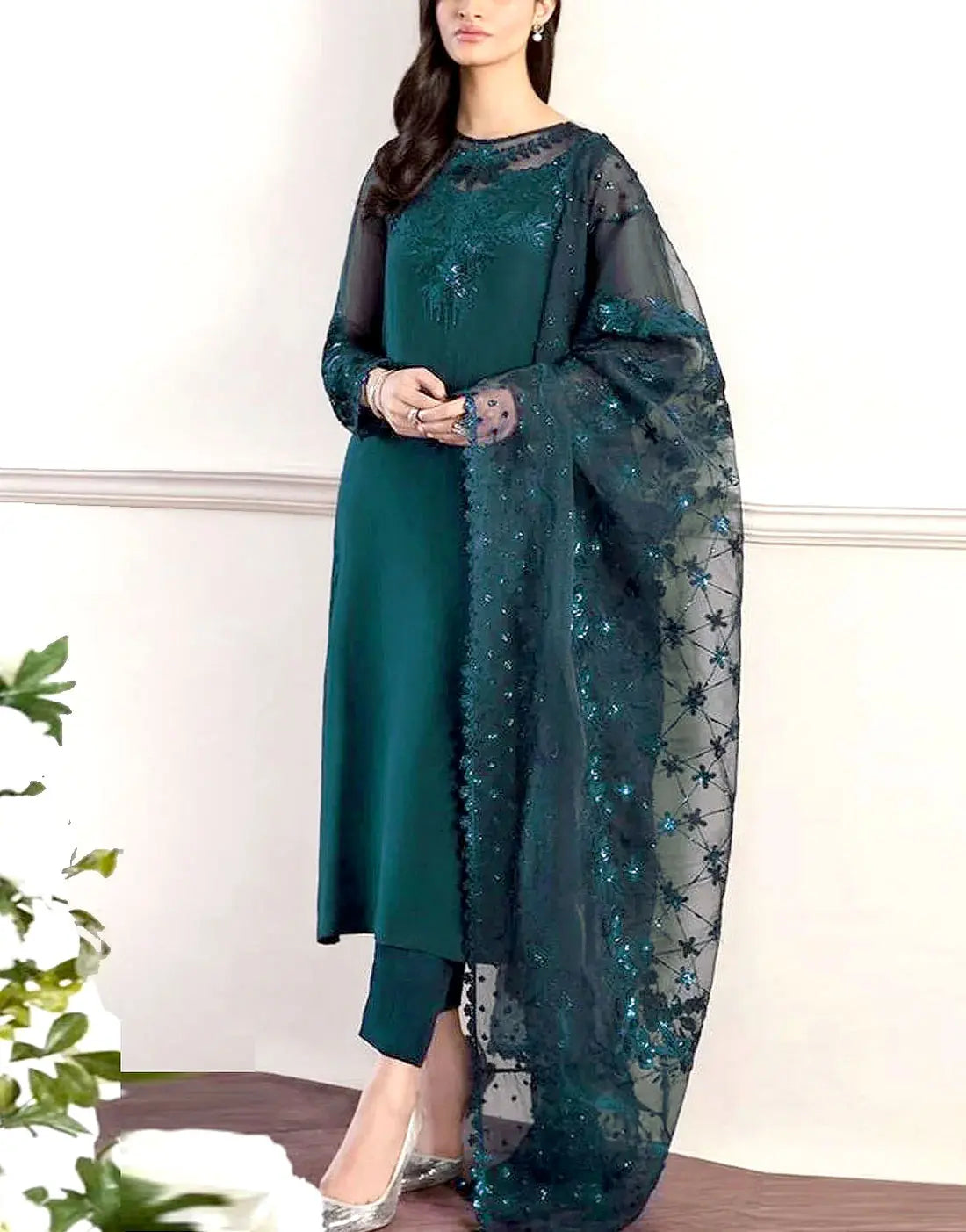 Exquisite Embroidered Zinc Color Chiffon Party Wear Dress