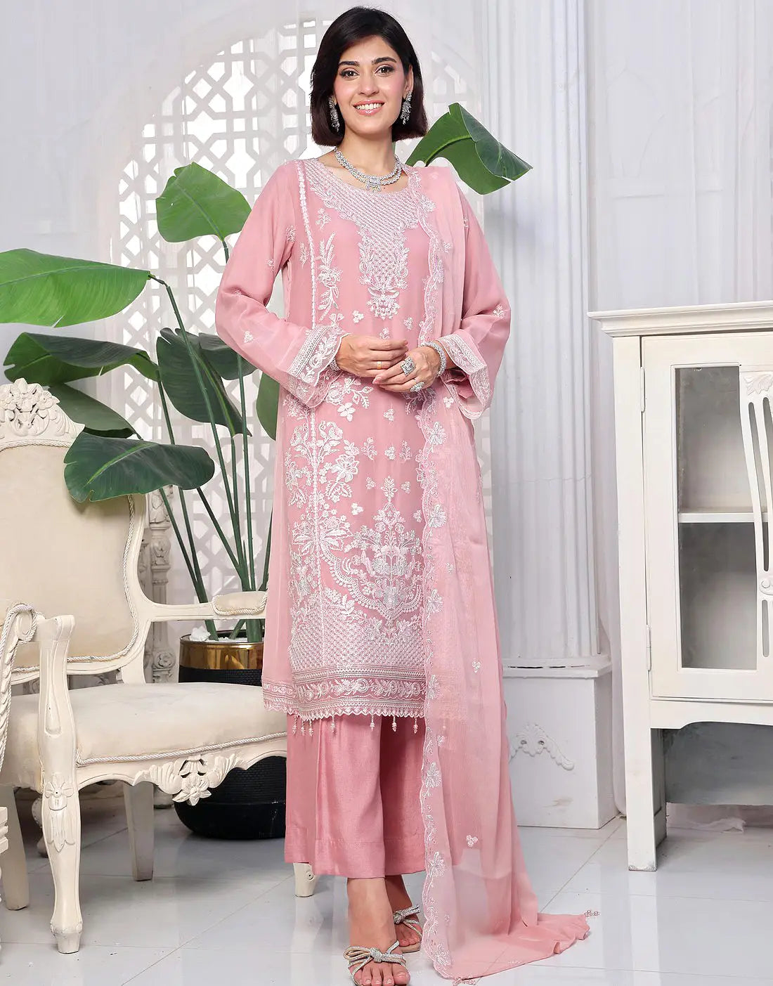 Naina Semi-Stitched Pink Embroidered Chiffon Dress for Weddings and Parties