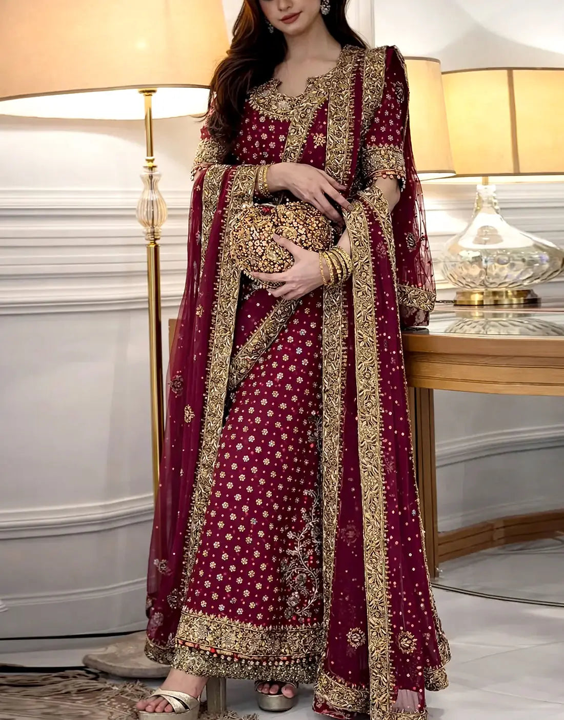 Luxurious Adda-Work Heavy Embroidered Chiffon Bridal Dress with Matching Pouch