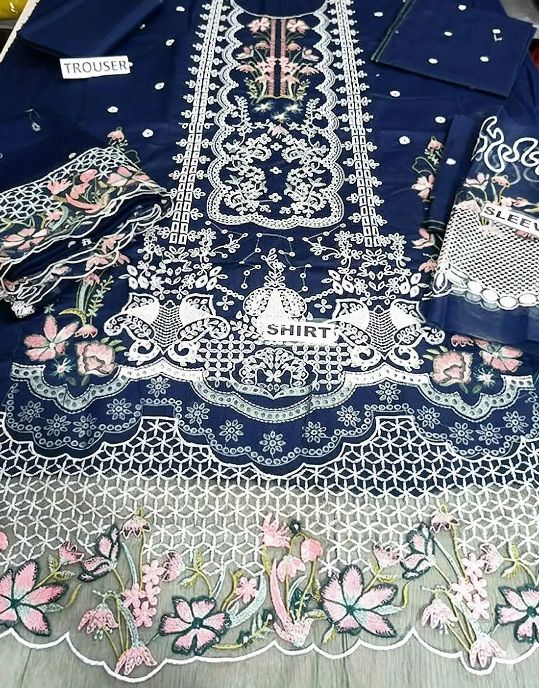 Heavy Schiffli Embroidered Navy Blue Cotton Party Dress with Emb. Chiffon Dupatta