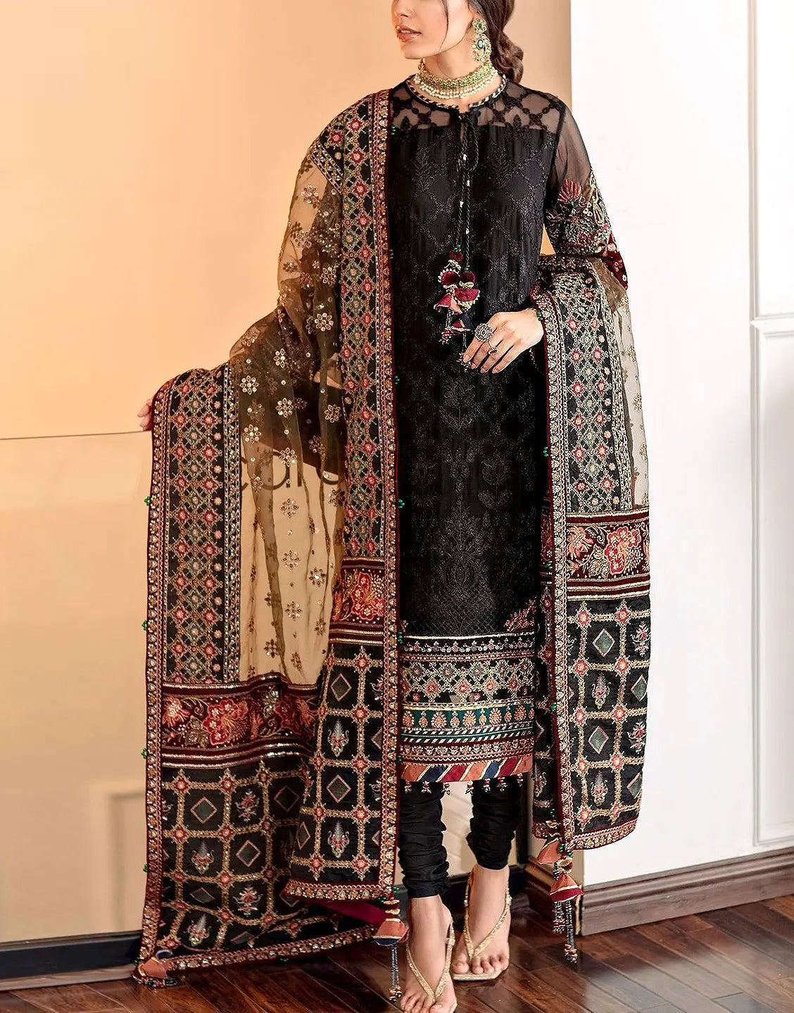 Fancy Heavy Embroidered Black Dhanak Dress for Winter