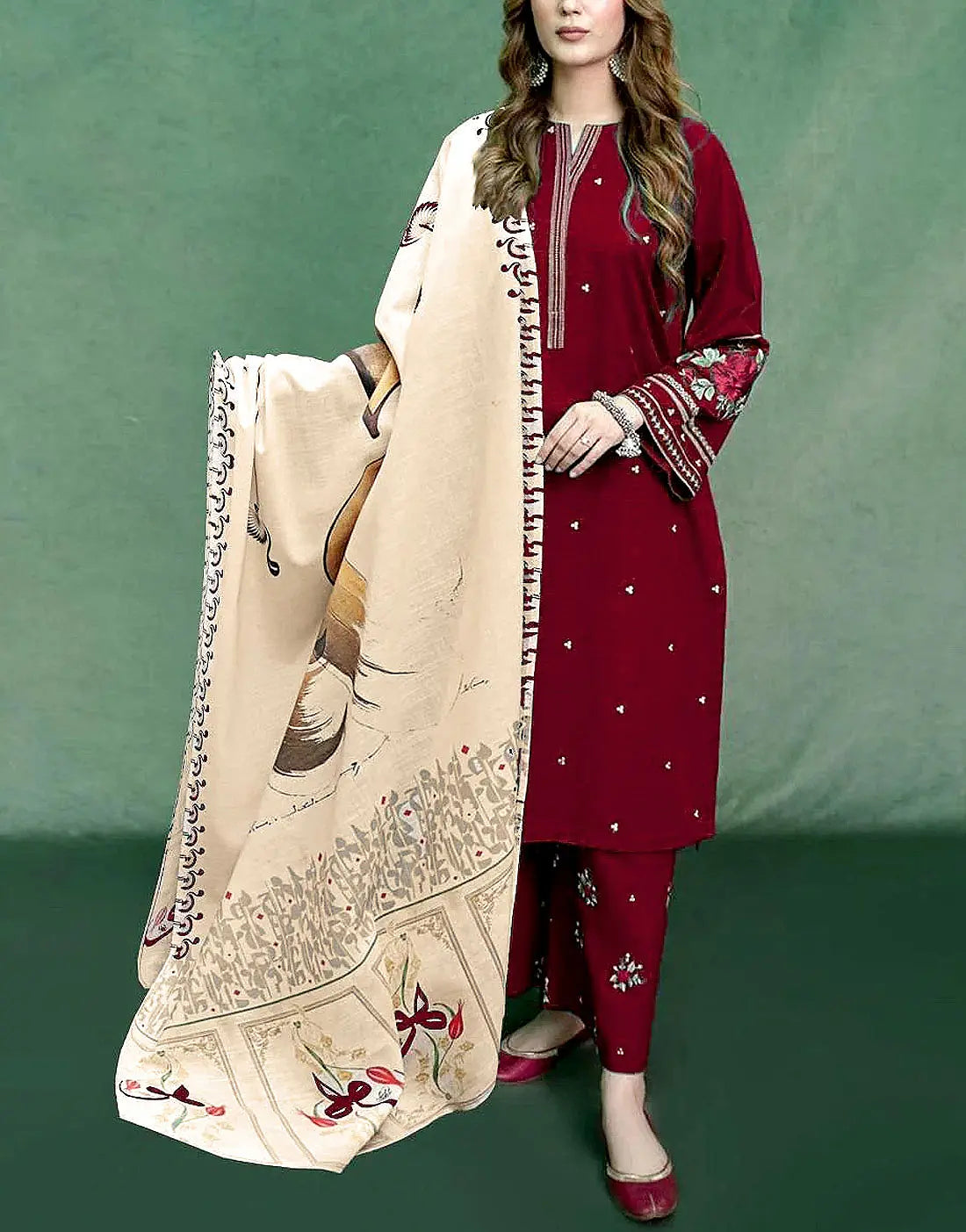 Elegant Decent Embroidered Maroon Dhanak Dress for Winter Season
