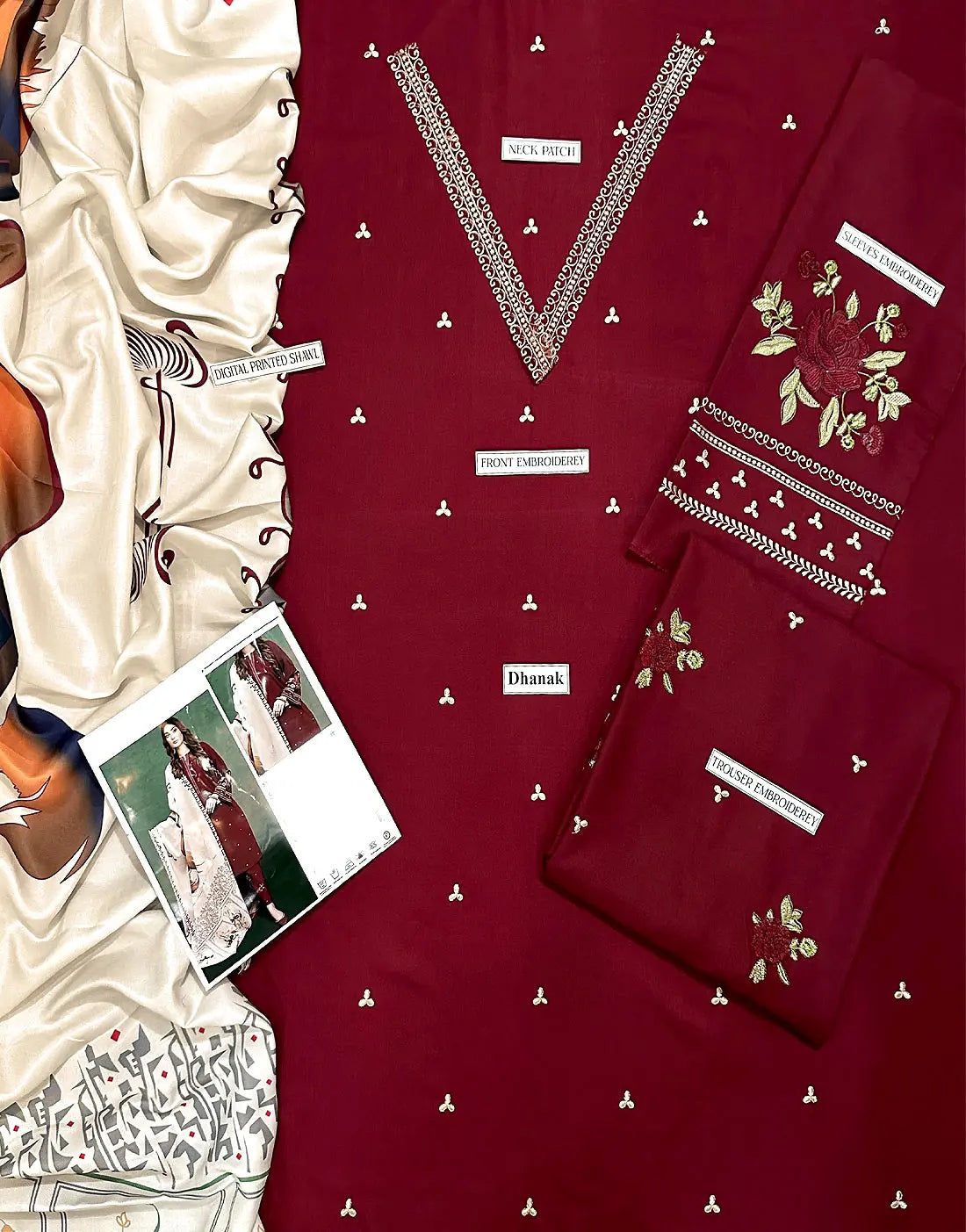 Elegant Decent Embroidered Maroon Dhanak Dress for Winter Season