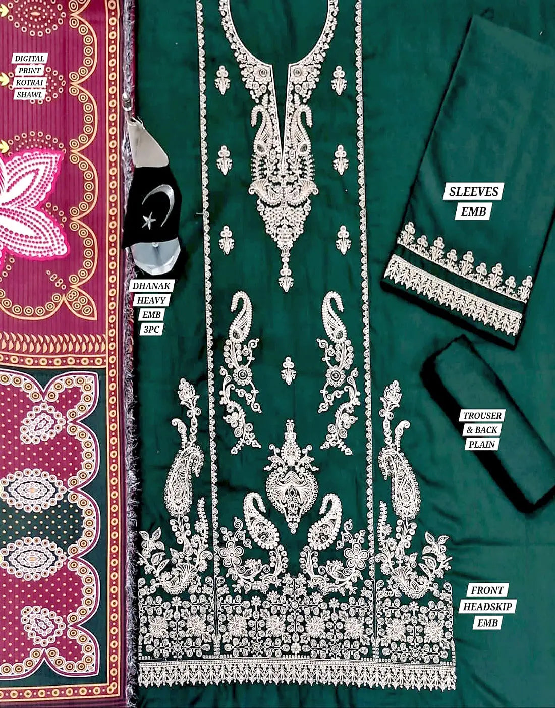 Elegant Embroidered Dhanak Winter Dress with Kotrai Shawl
