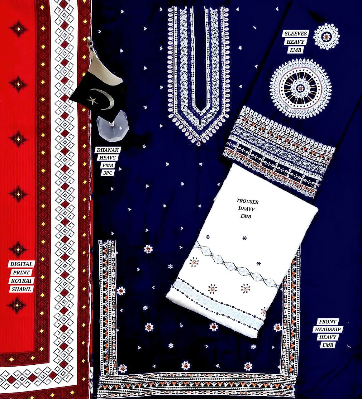 Trendy Embroidered Navy Blue Dhanak Winter Dress for Girls