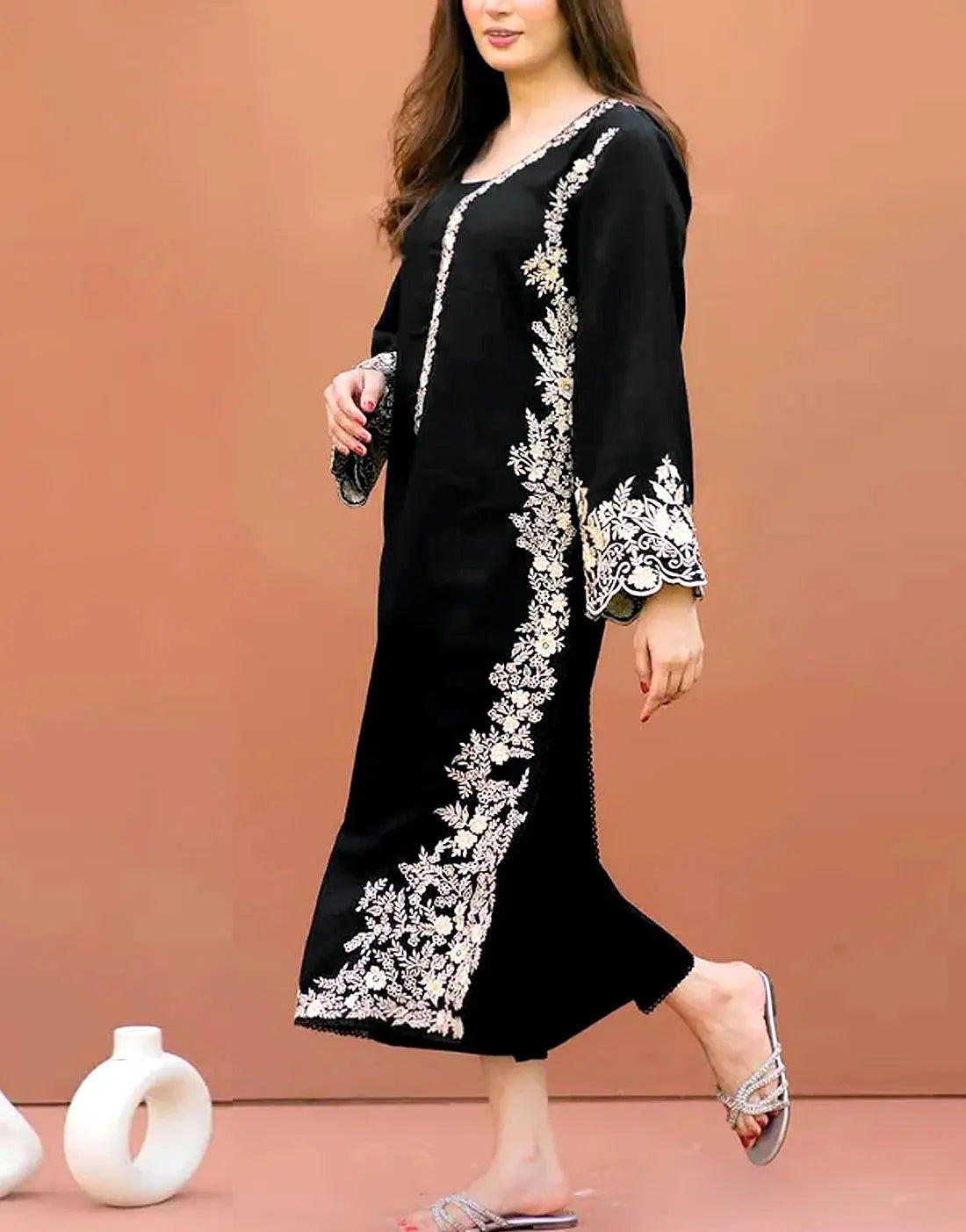 Alluring 2-Piece Embroidered Black Dhanak Winter Wear Dress