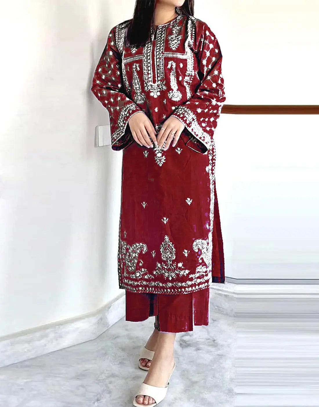 Classy 2-Piece Embroidered Maroon Dhanak Dress for Winter