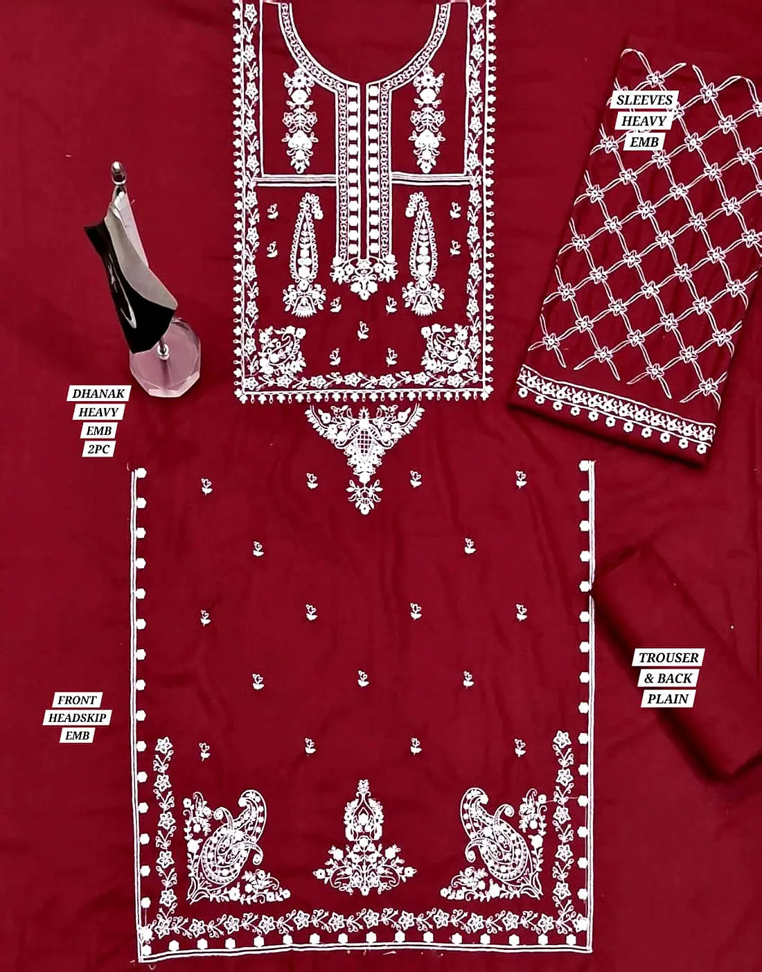 Classy 2-Piece Embroidered Maroon Dhanak Dress for Winter