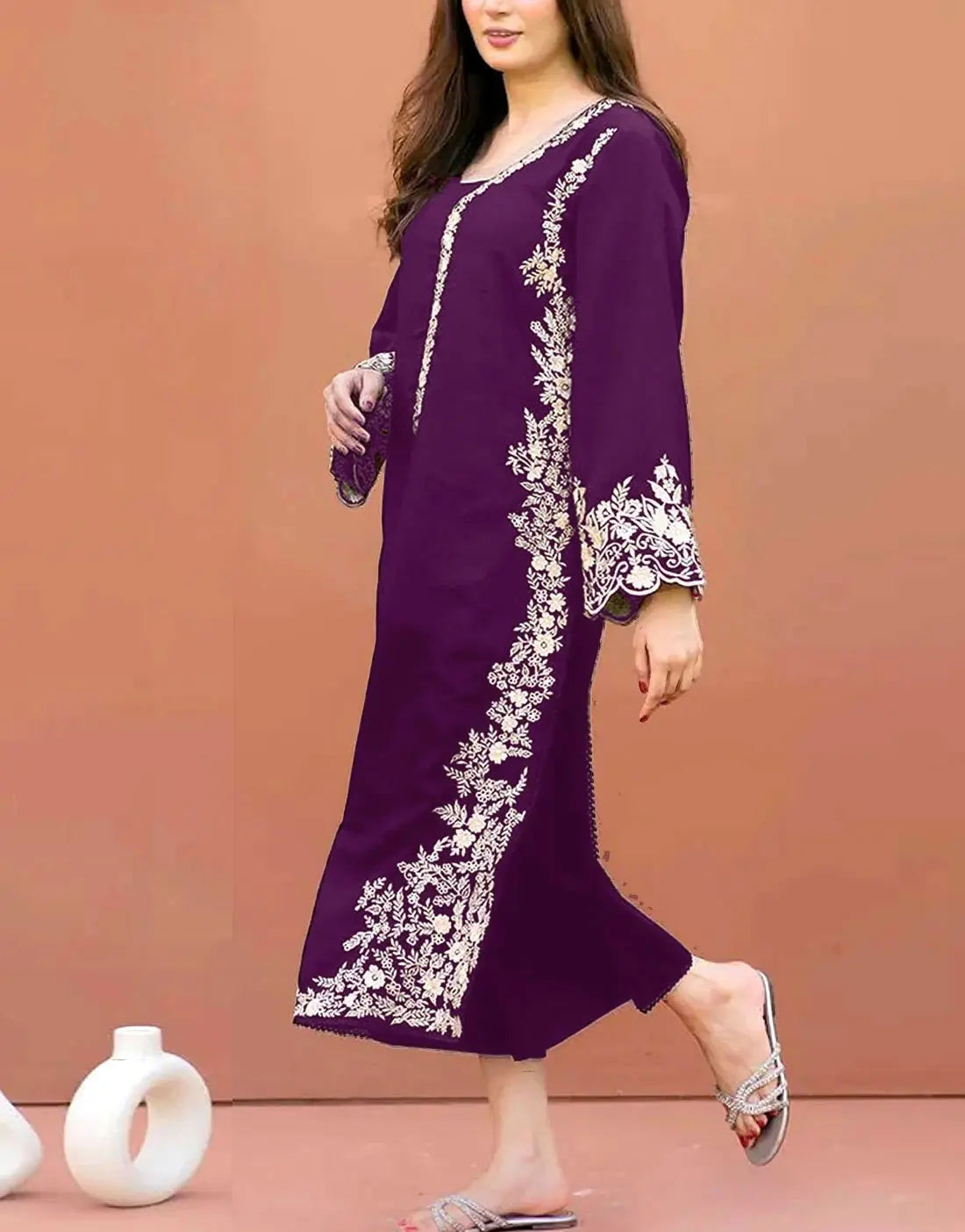 Graceful 2-Piece Embroidered Purple Dhanak Winter Dress for Girls