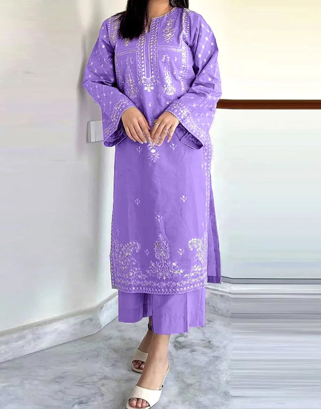 Elegant 2-Piece Embroidered Lilac Color Dhanak Dress