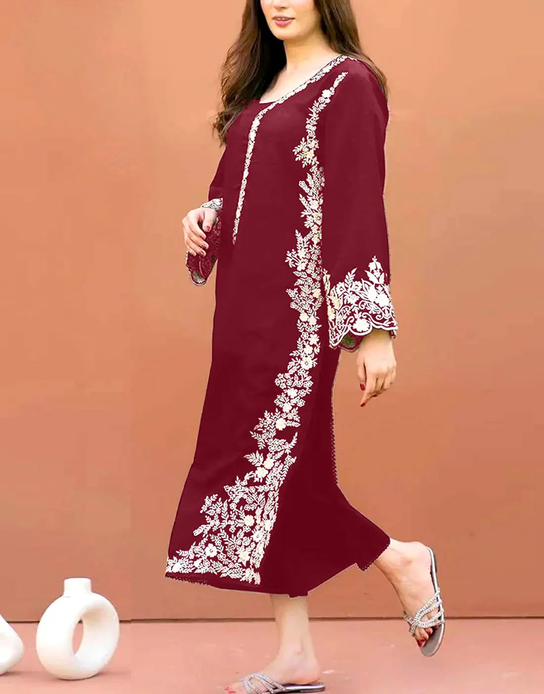 Trendy 2-Piece Embroidered Maroon Dhanak Dress for Daily Wear