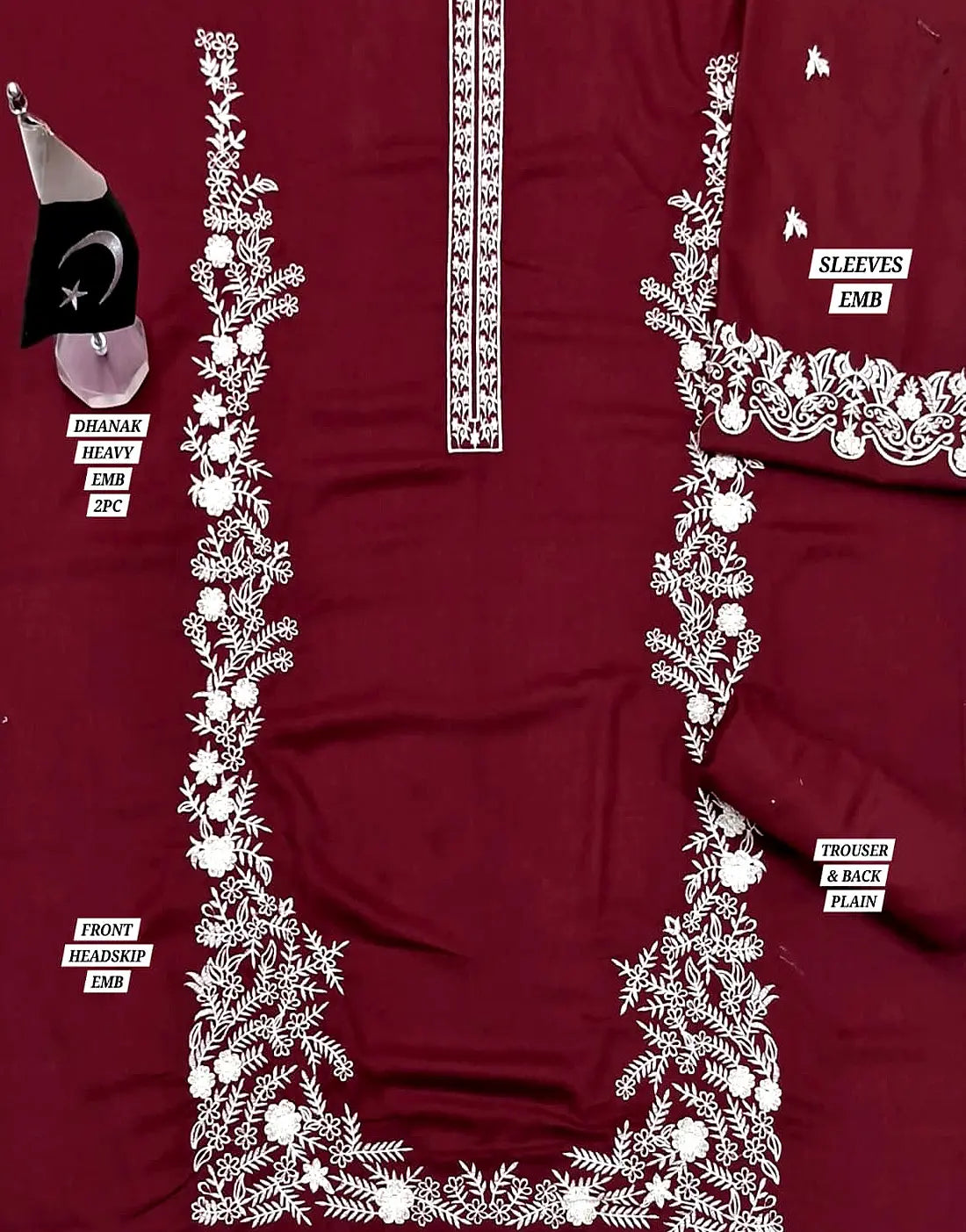 Trendy 2-Piece Embroidered Maroon Dhanak Dress for Daily Wear