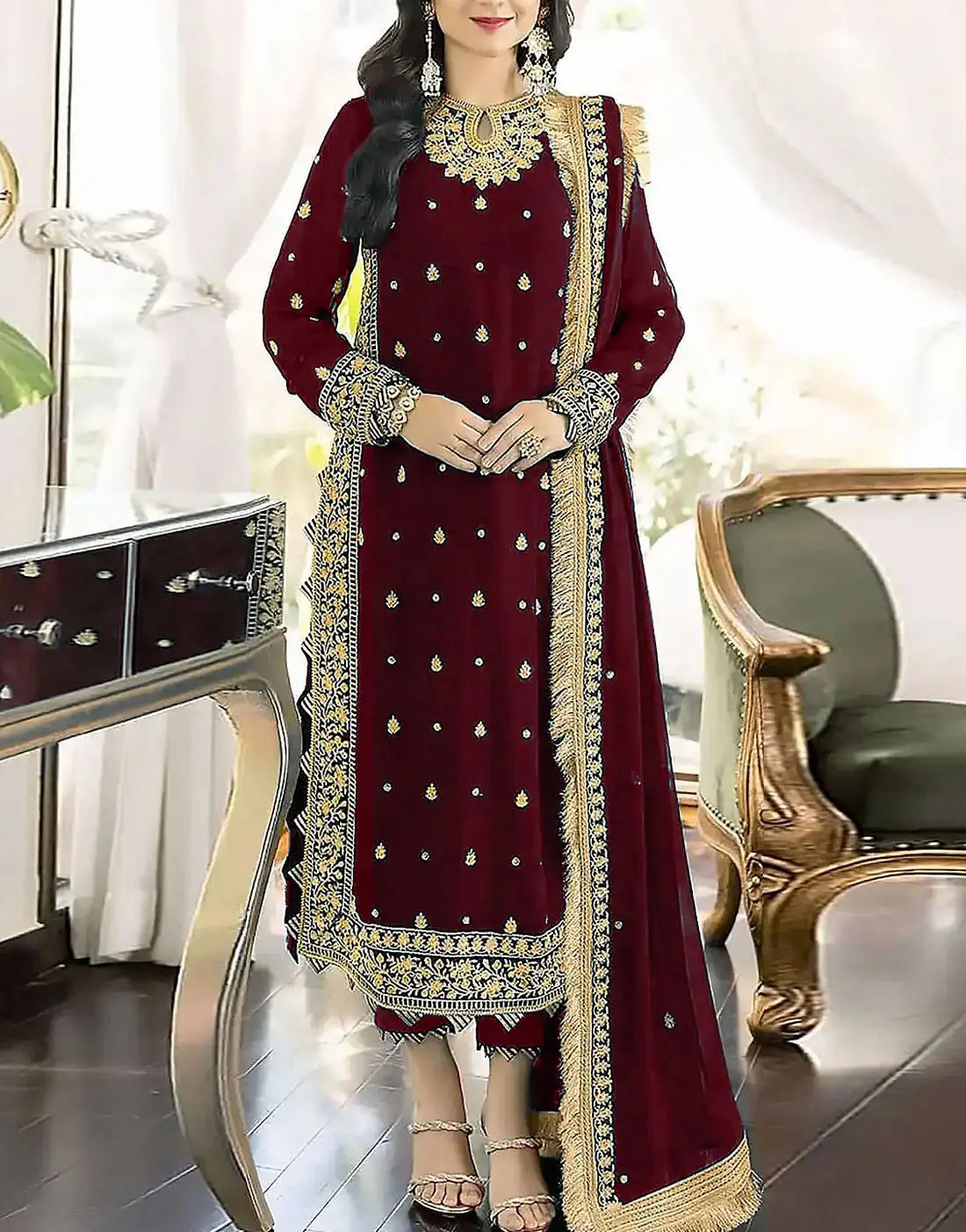 Heavy Embroidered Maroon Chiffon Party Wear Dress