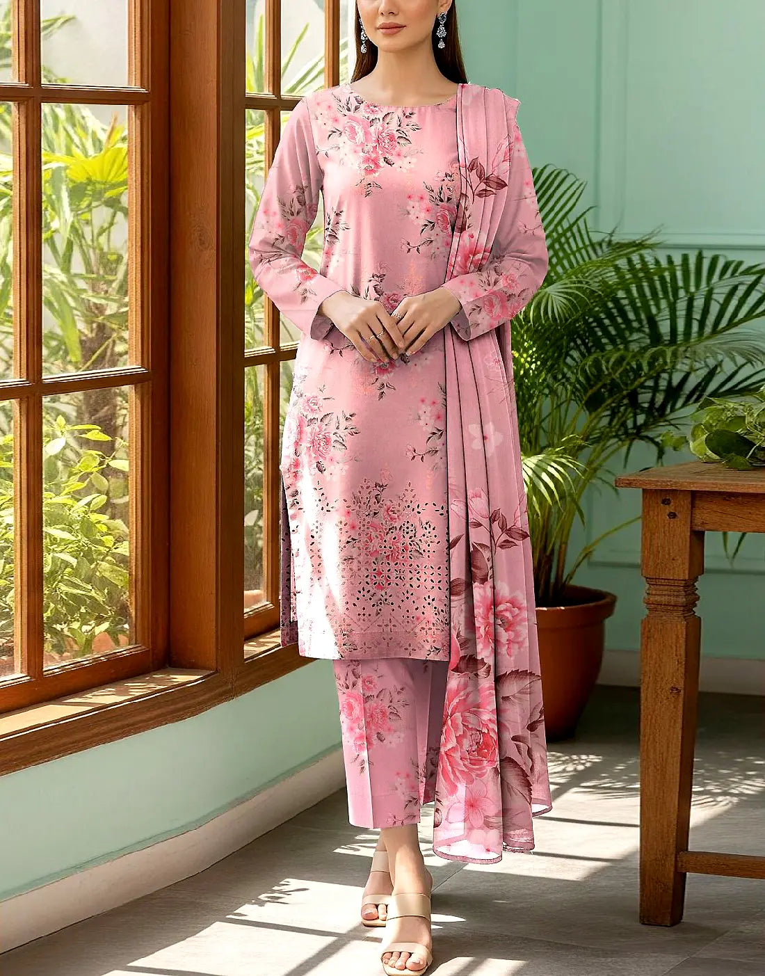 All-Over Digital Print Embroidered Karandi Dress for Winter Season