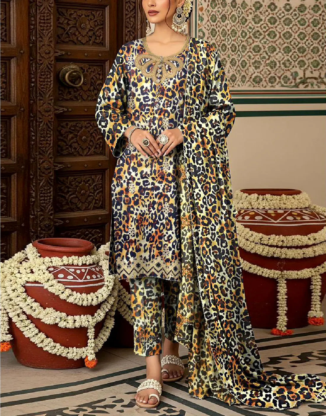 All-Over Digital Leopard Print Embroidered Karandi Dress for Winter Season