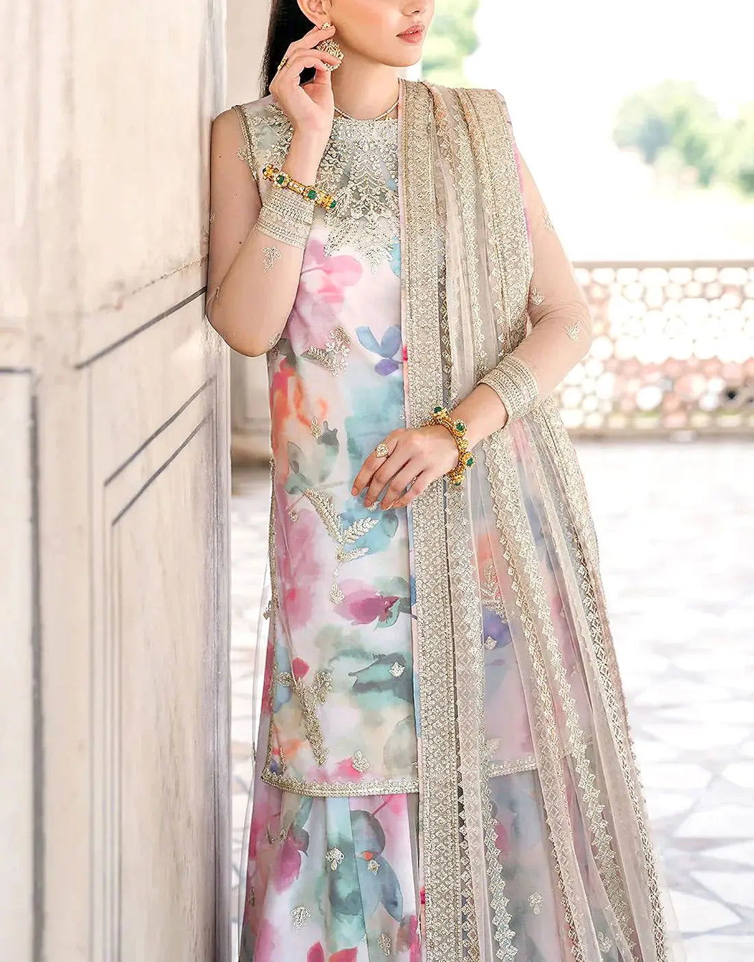 All-Over Print Embroidered EID Lawn Dress Design with Emb NET Dupatta