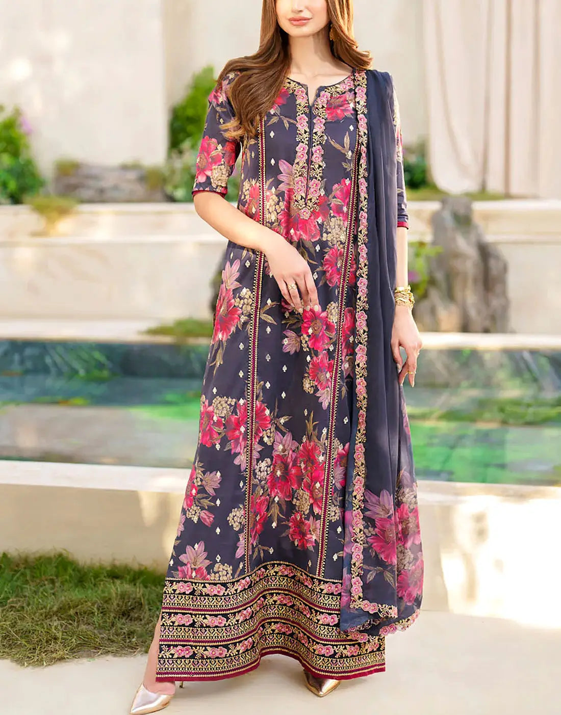 Adorable Embroidered EID Lawn Dress for Girls with Emb. Silk Dupatta