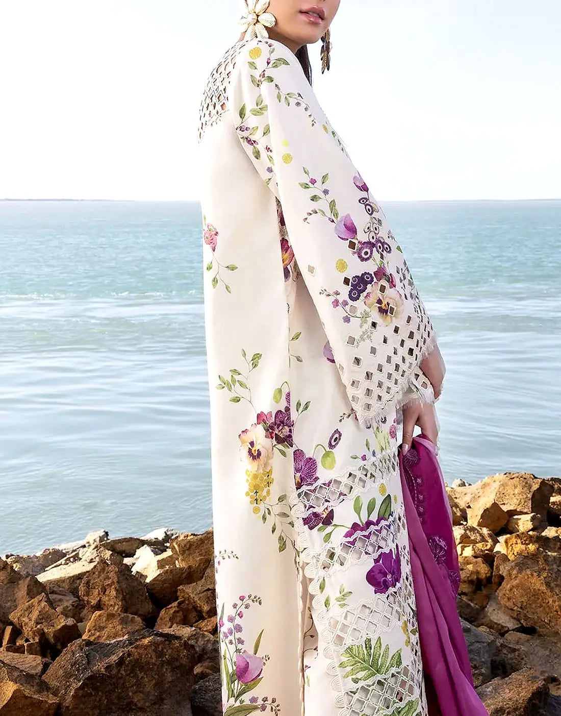 All‑Over Digital Print Schiffli Embroidered White Lawn Dress for Daily & Party Wear