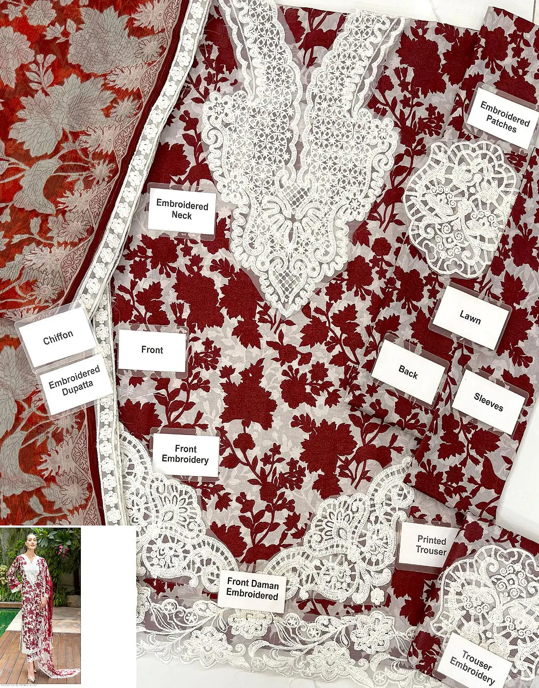 All-Over Print Embroidered Lawn Dress with Chiffon Dupatta