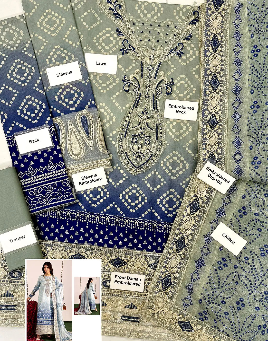 Heavy Embroidered Chunri Print Lawn Dress Design with 4-Side Emb. Chiffon Dupatta