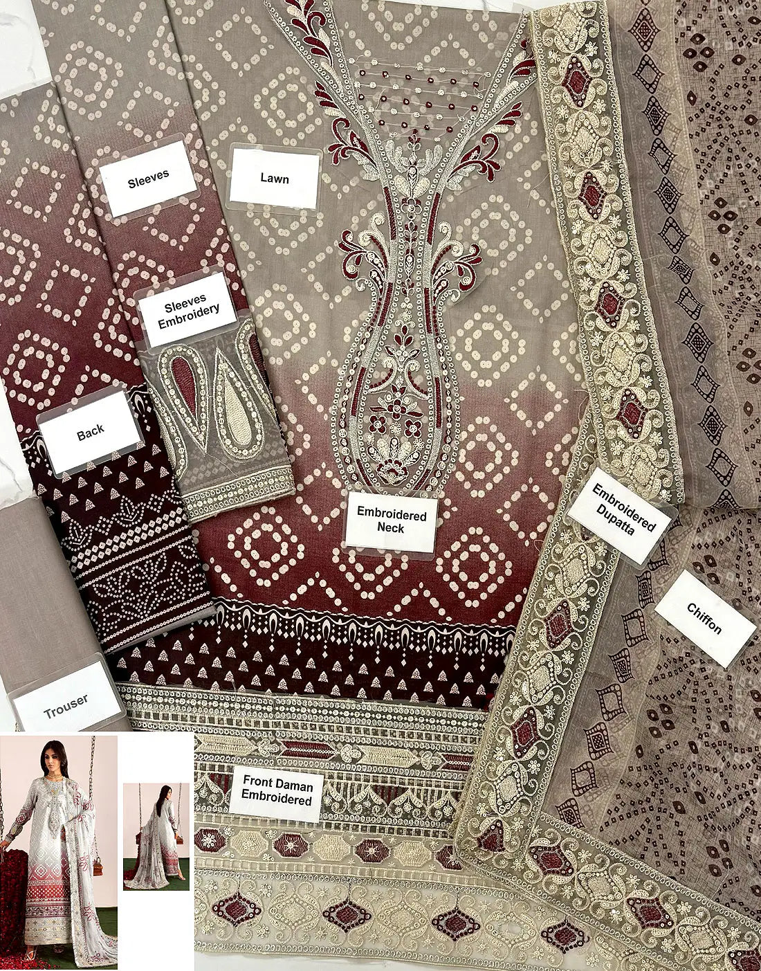 Heavy Embroidered Chunri Print Lawn Dress Design with 4-Side Emb. Chiffon Dupatta