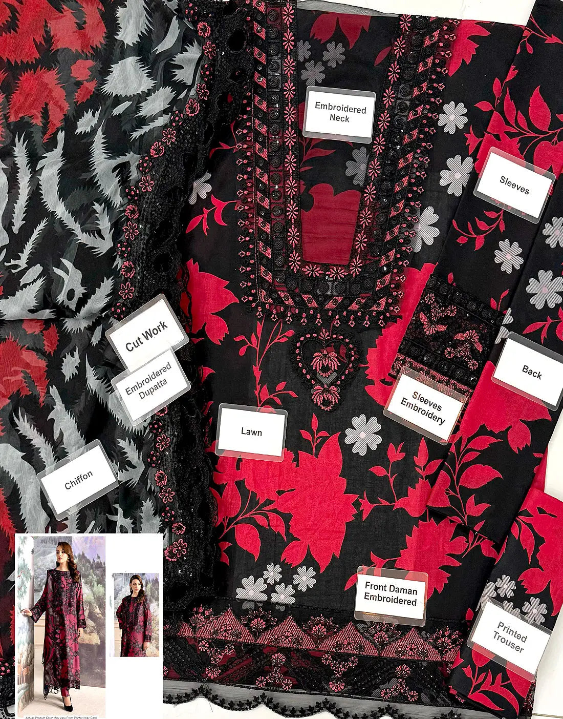 All-Over Print Black & Red Embroidered Lawn Dress for Eid & Party Wear