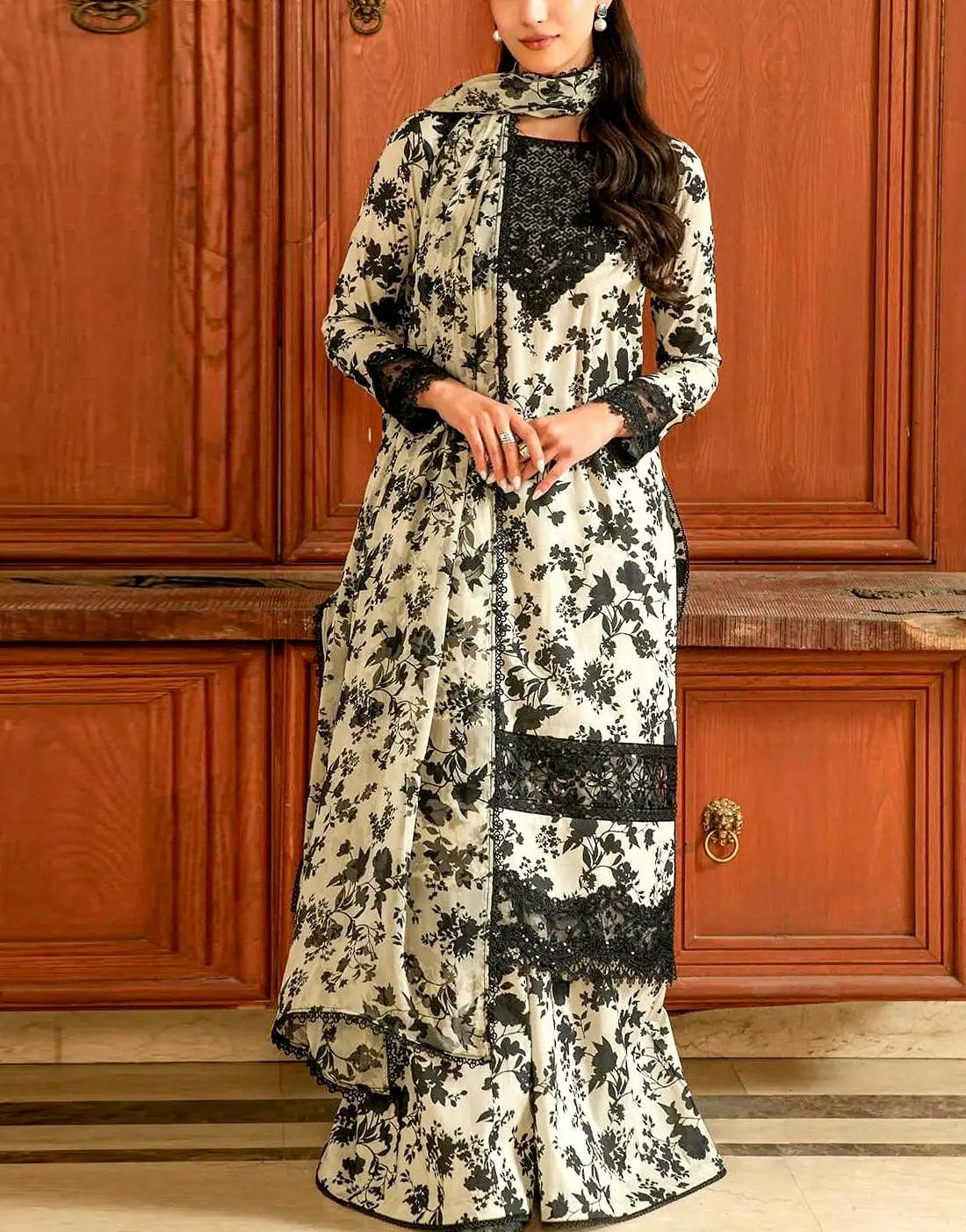 Aneela's All-Over Print Embroidered Lawn Dress with Chiffon Dupatta
