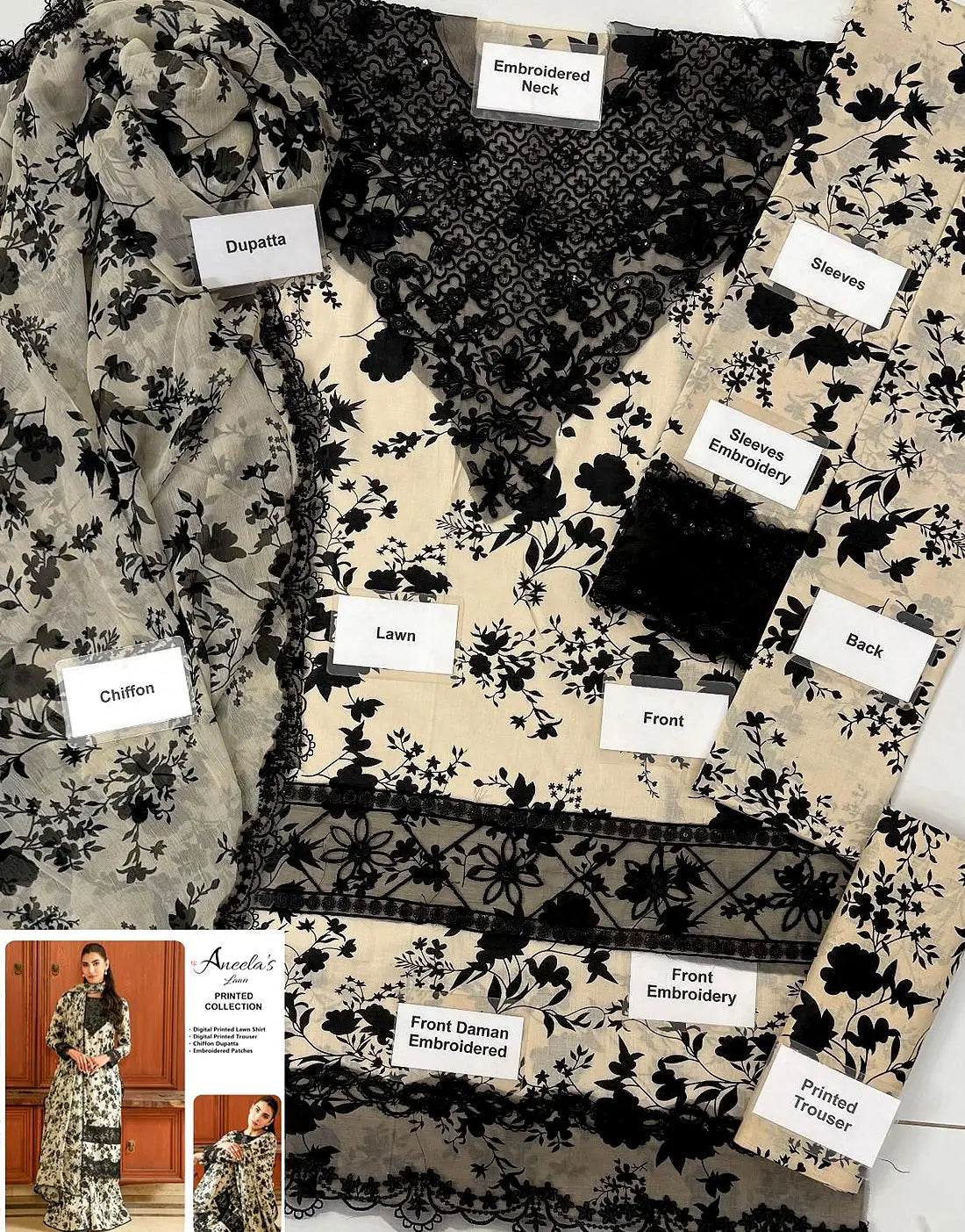 Aneela's All-Over Print Embroidered Lawn Dress with Chiffon Dupatta