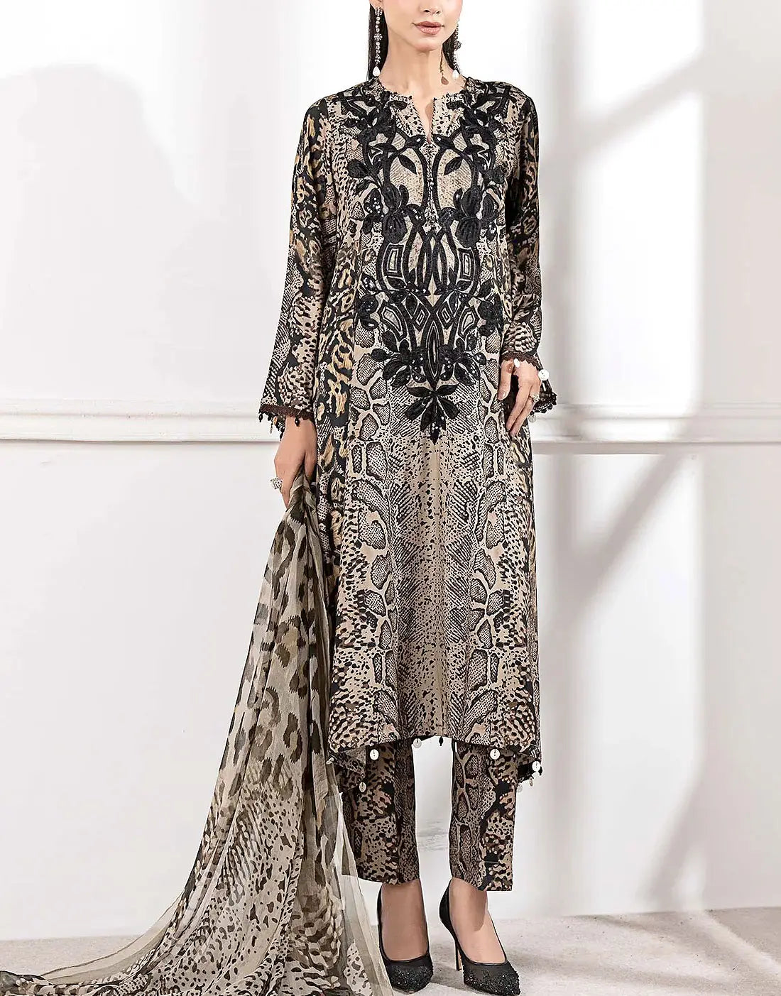 Trendy All-Over Print Sequins Embroidered Beige Lawn Dress with Emb. Chiffon Dupatta