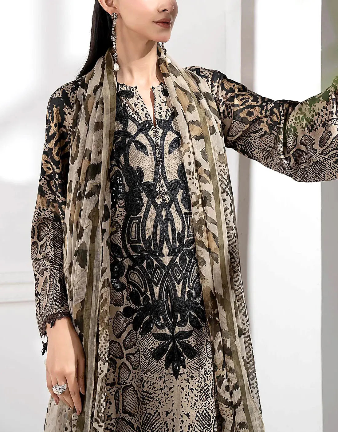 Trendy All-Over Print Sequins Embroidered Beige Lawn Dress with Emb. Chiffon Dupatta