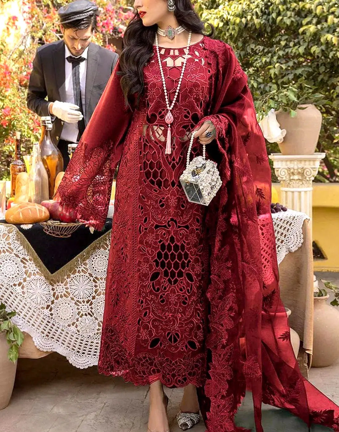 Luxury Embroidered with Elegant Cutwork Maroon Lawn Dress with Emb. Organza Dupatta