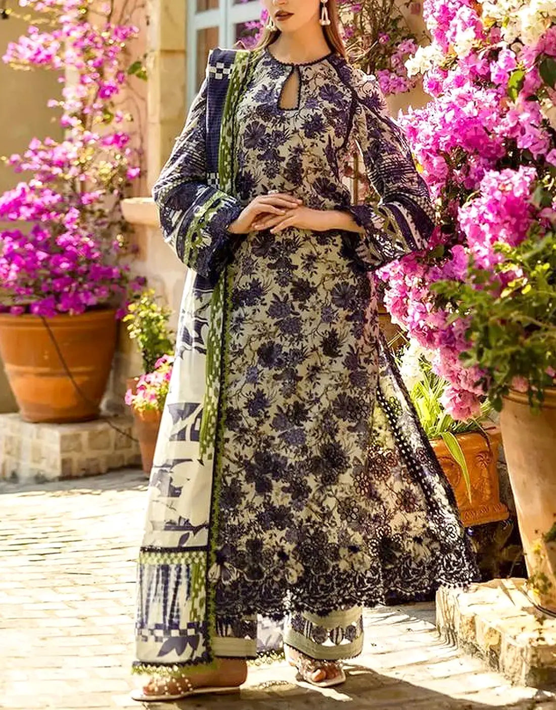 All-Over Print Schiffli Embroidered EID Lawn Suit with Chiffon Dupatta