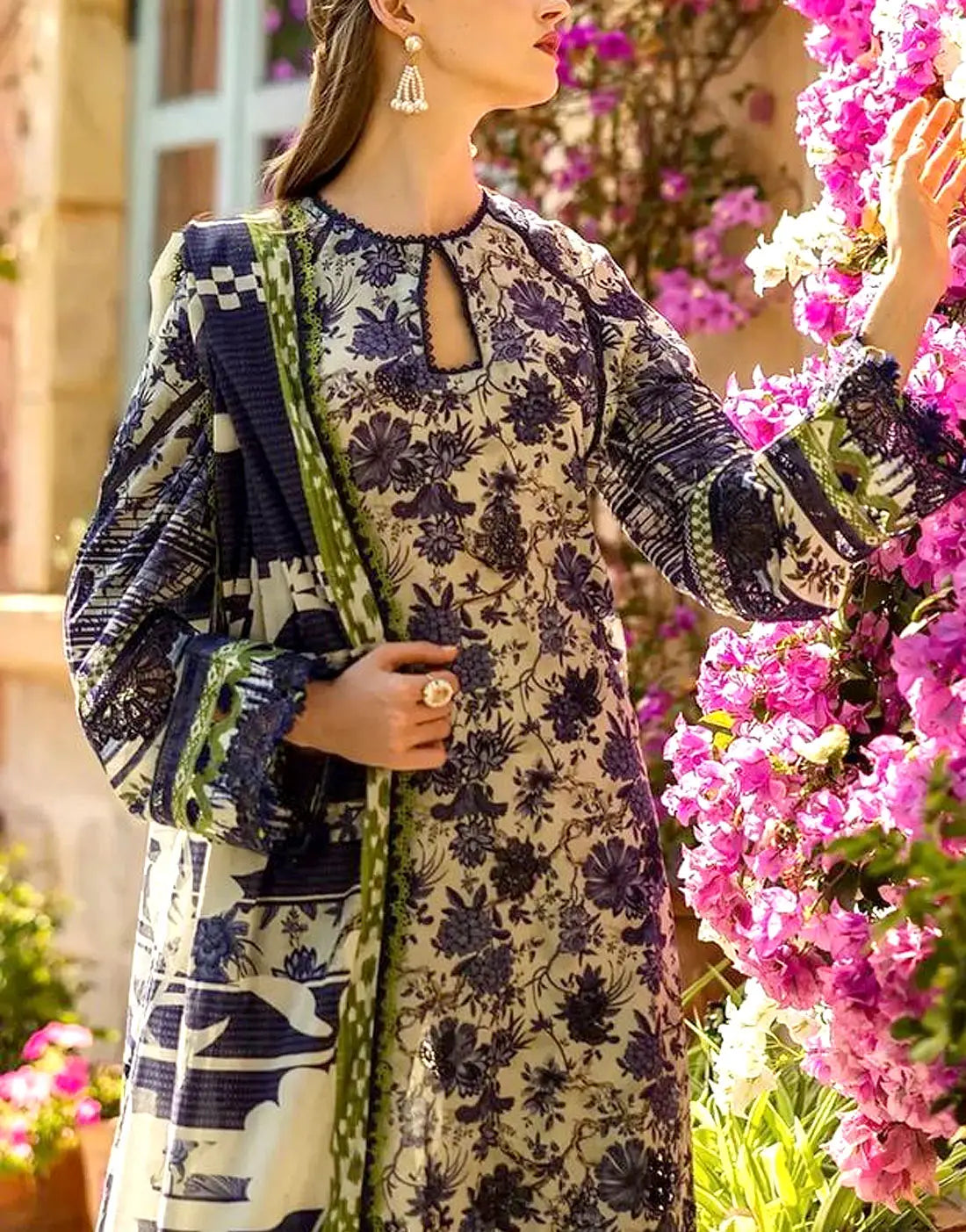 All-Over Print Schiffli Embroidered EID Lawn Suit with Chiffon Dupatta