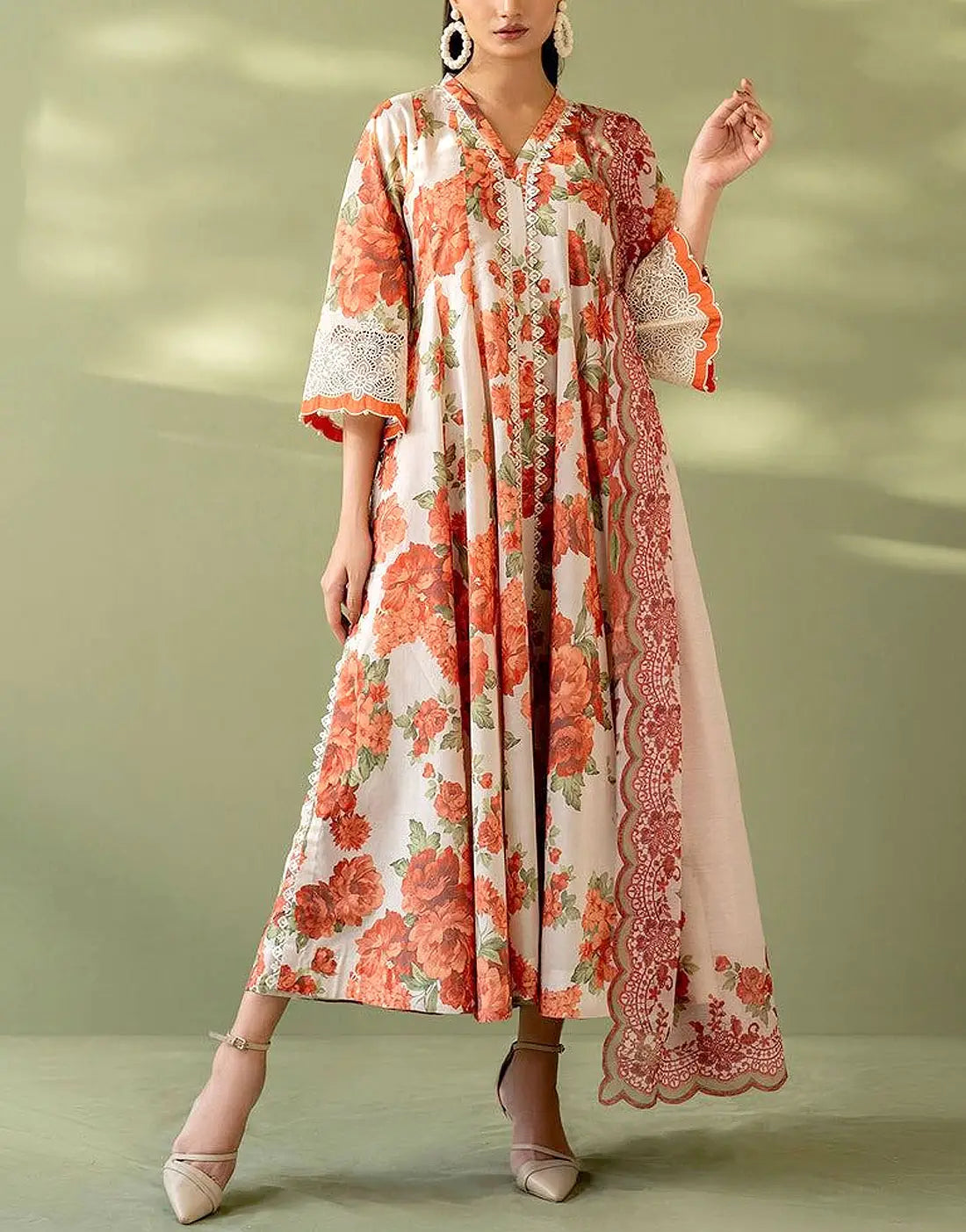 All-Over Floral Print Embroidered EID Lawn Dress with 4-Side Emb. Chiffon Dupatta