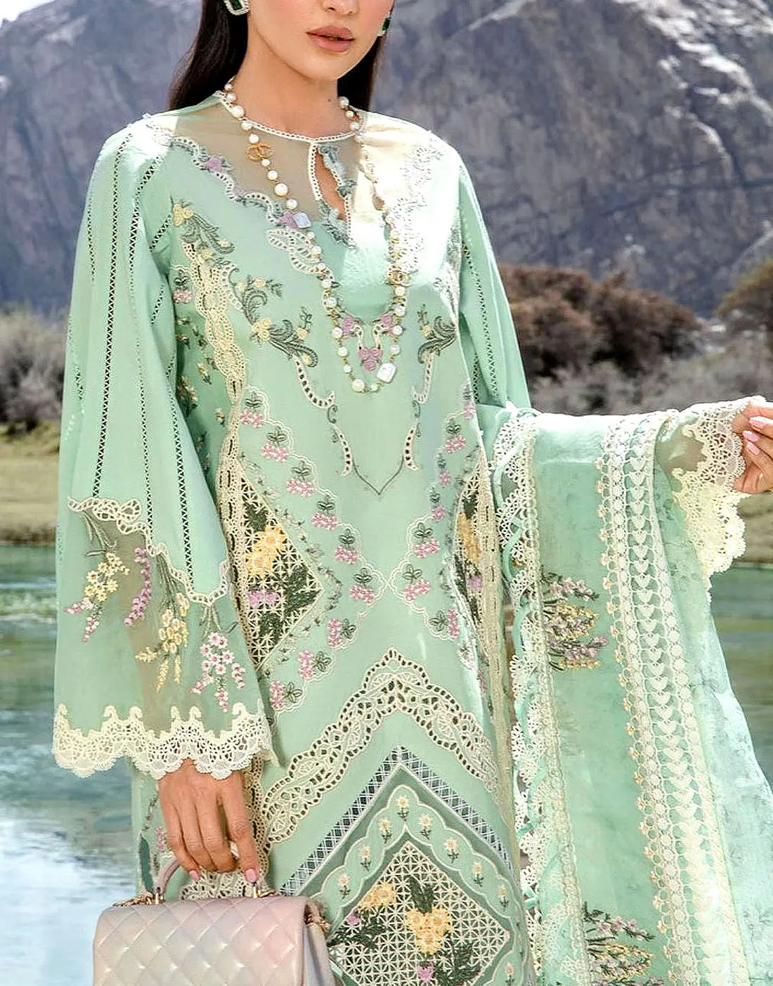 Luxurious Schiffli Embroidered EID Lawn Dress with Emb. Khaddi NET Dupatta