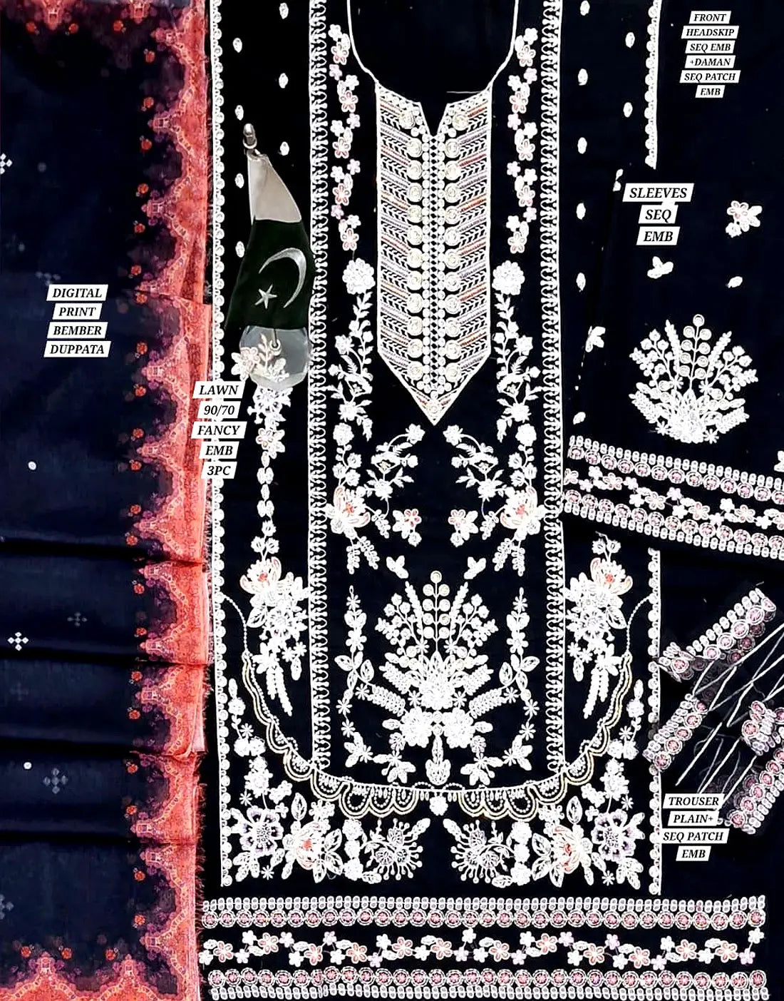 Aneela's Luxurious Embroidered Black Lawn Dress for EID and Party Wear