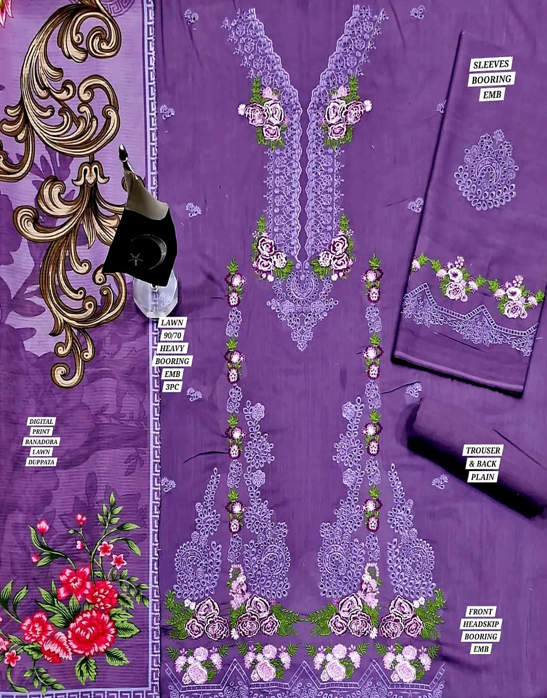 Luxury Schiffli Embroidered Purple Lawn Dress with Digital Print Bana Dora Dupatta